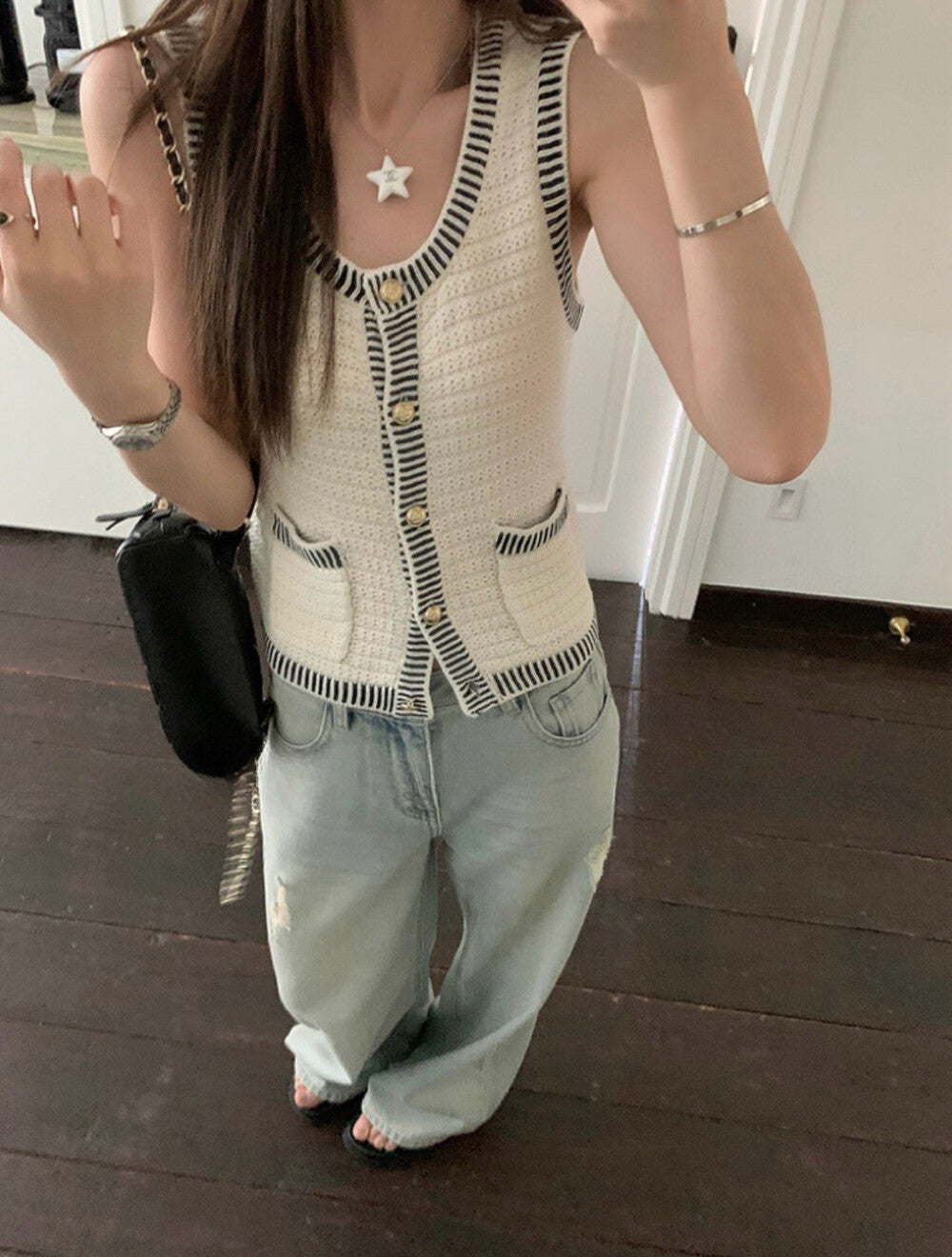 法式復古針織開衫背心