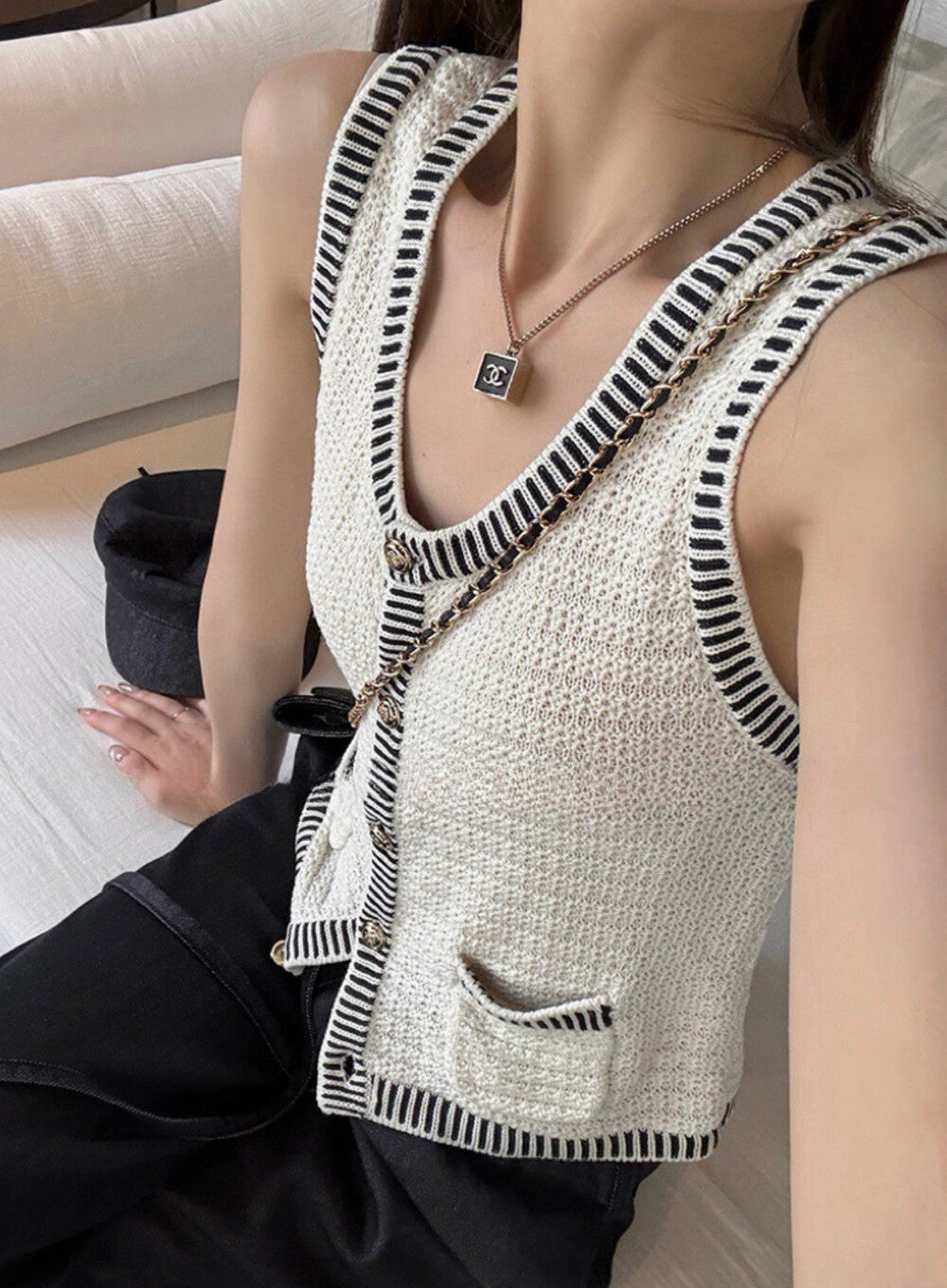 法式復古針織開衫背心