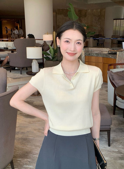 Polo Collar Regular Shoulder Ice Silk Knit Top