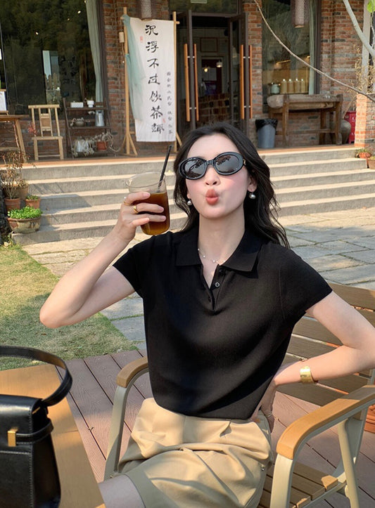 翻領正肩冰絲針織top