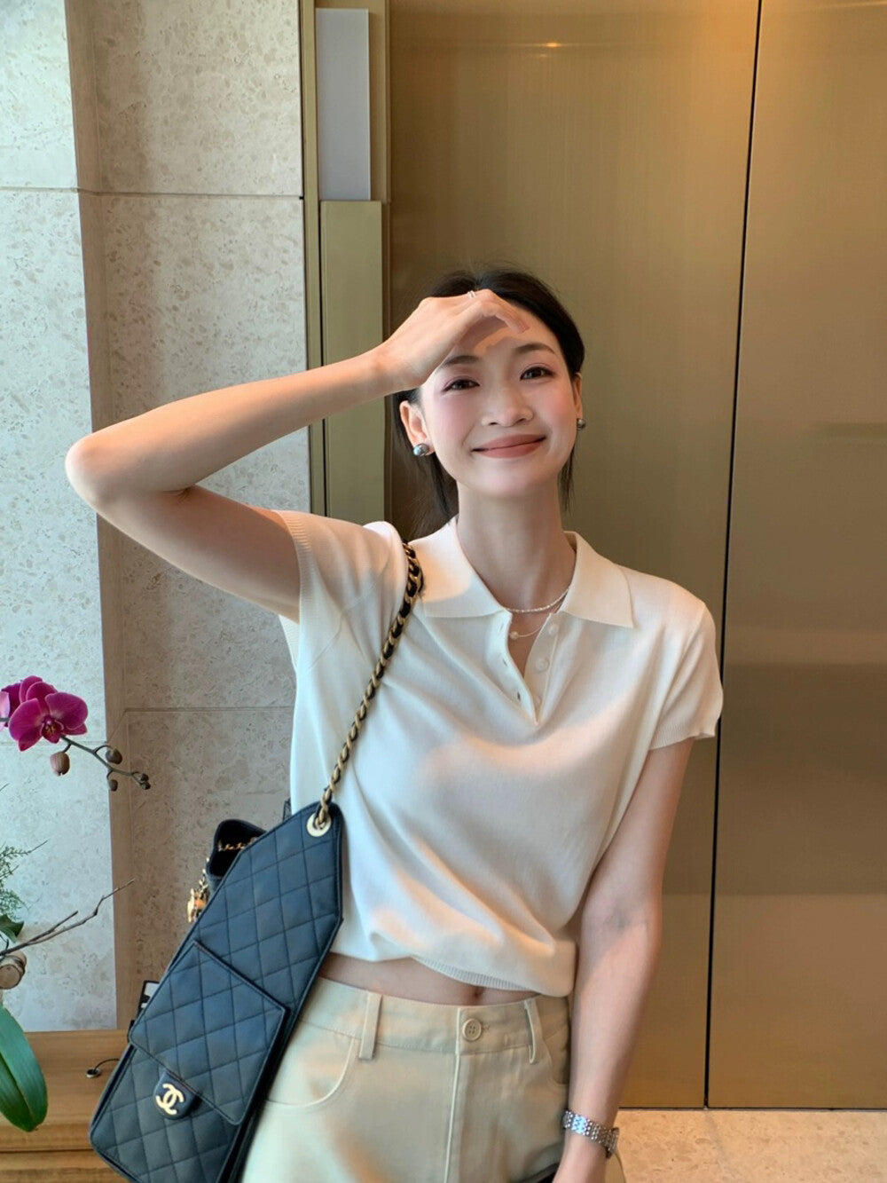 Polo Collar Regular Shoulder Ice Silk Knit Top