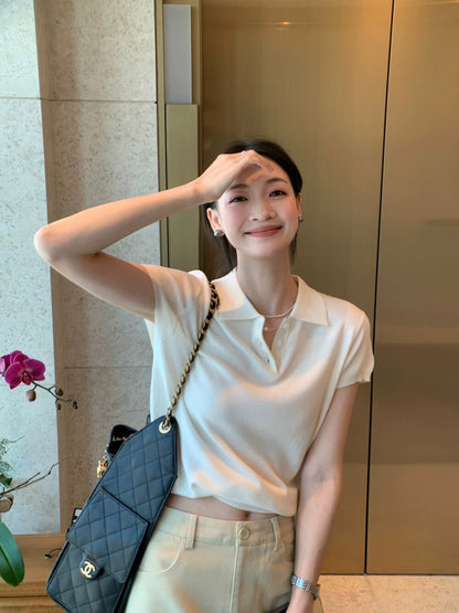 Polo Collar Regular Shoulder Ice Silk Knit Top