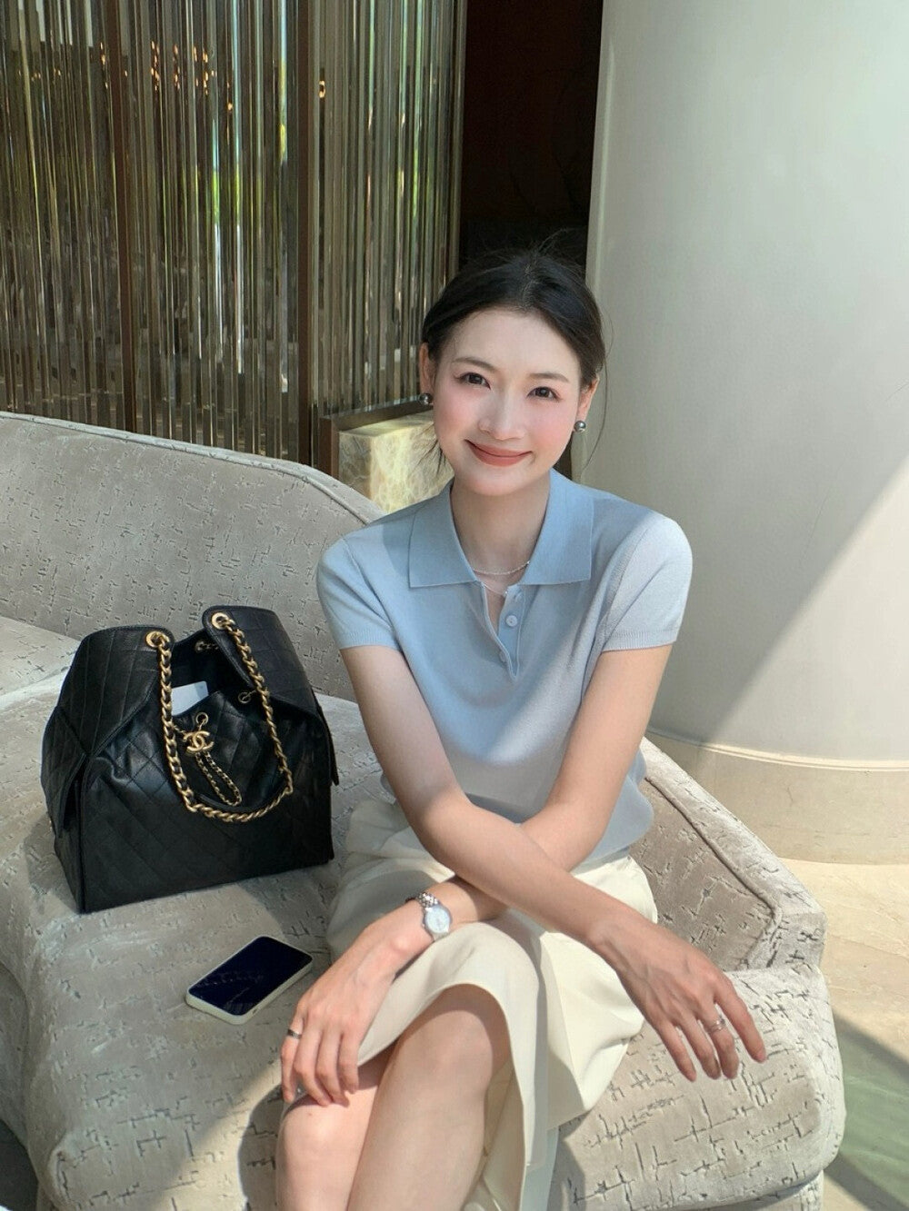 Polo Collar Regular Shoulder Ice Silk Knit Top