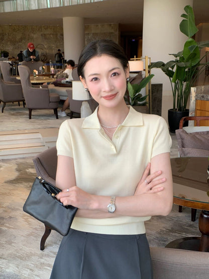 Polo Collar Regular Shoulder Ice Silk Knit Top