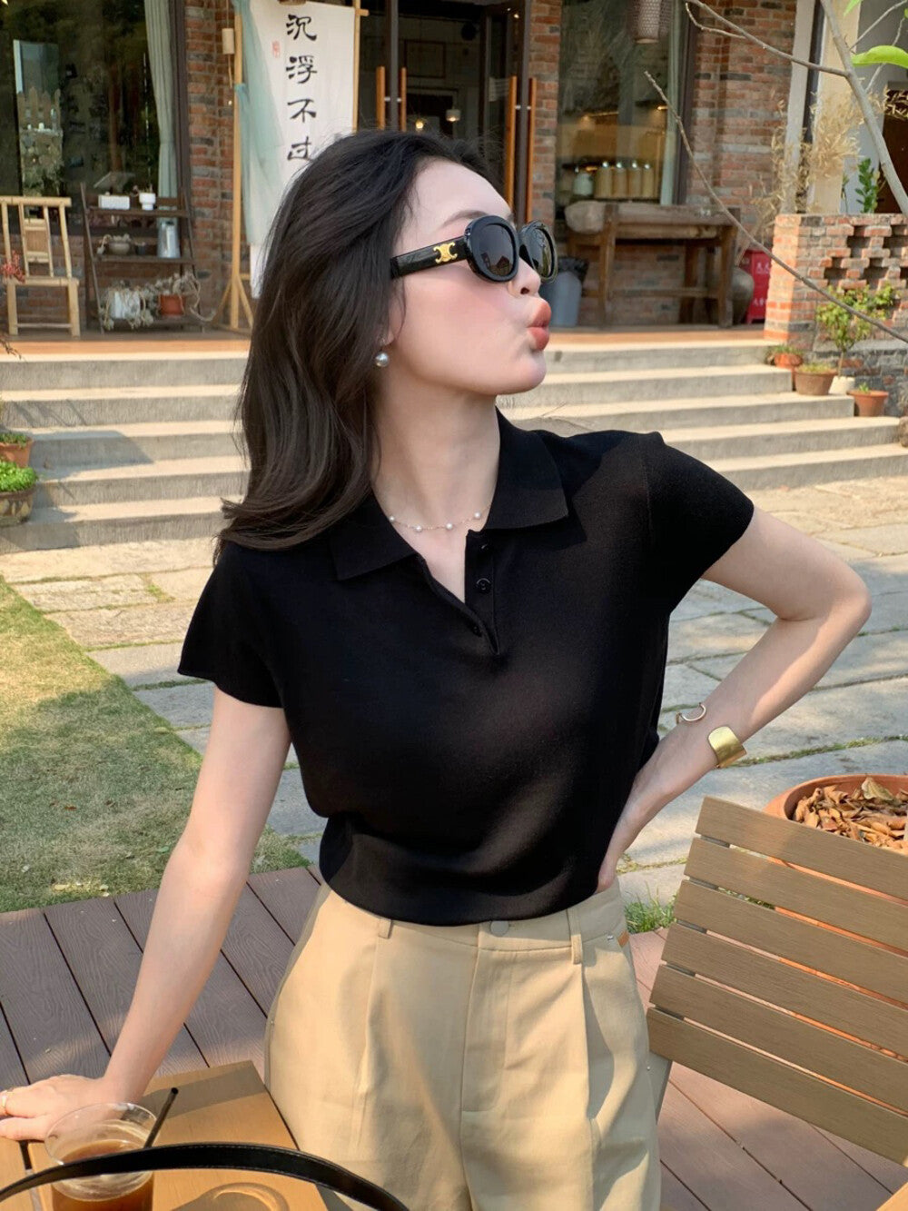 Polo Collar Regular Shoulder Ice Silk Knit Top