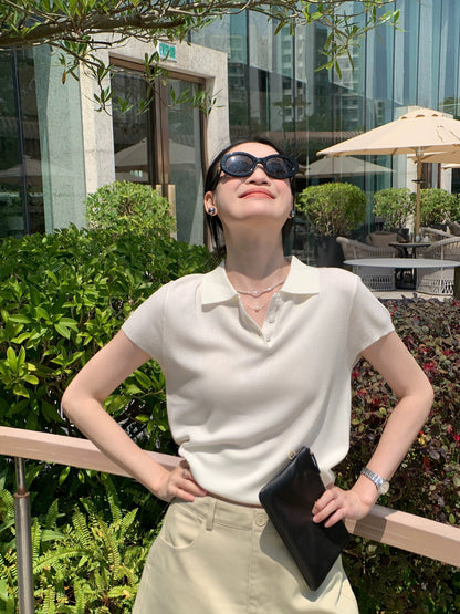 Polo Collar Regular Shoulder Ice Silk Knit Top