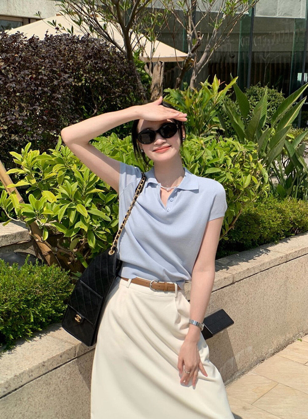 Polo Collar Regular Shoulder Ice Silk Knit Top