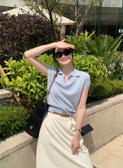 Polo Collar Regular Shoulder Ice Silk Knit Top