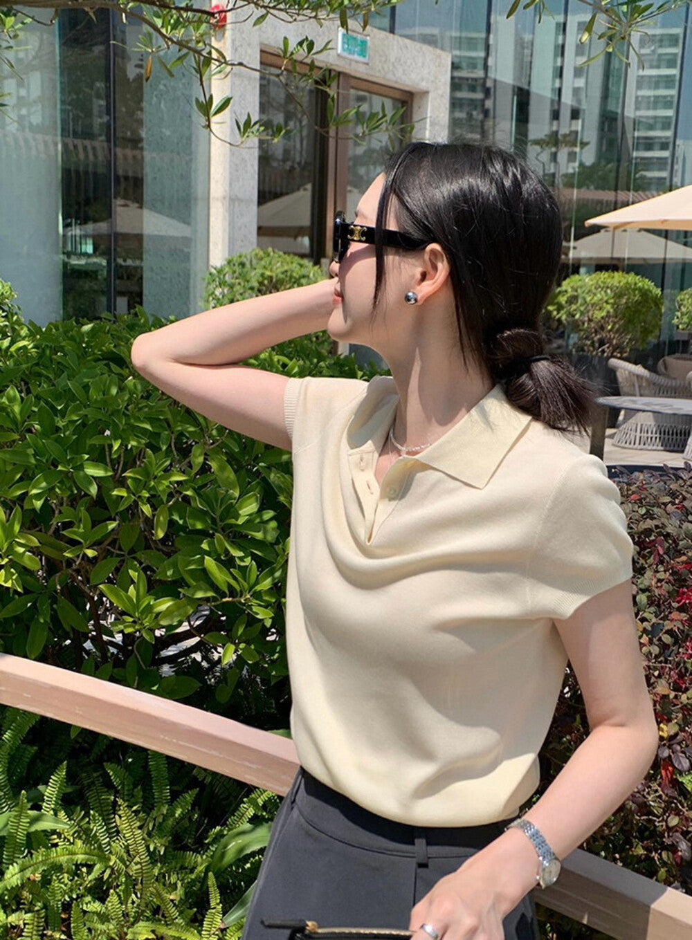 Polo Collar Regular Shoulder Ice Silk Knit Top