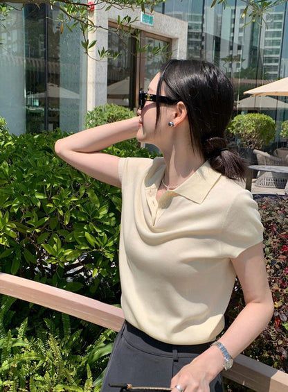 Polo Collar Regular Shoulder Ice Silk Knit Top