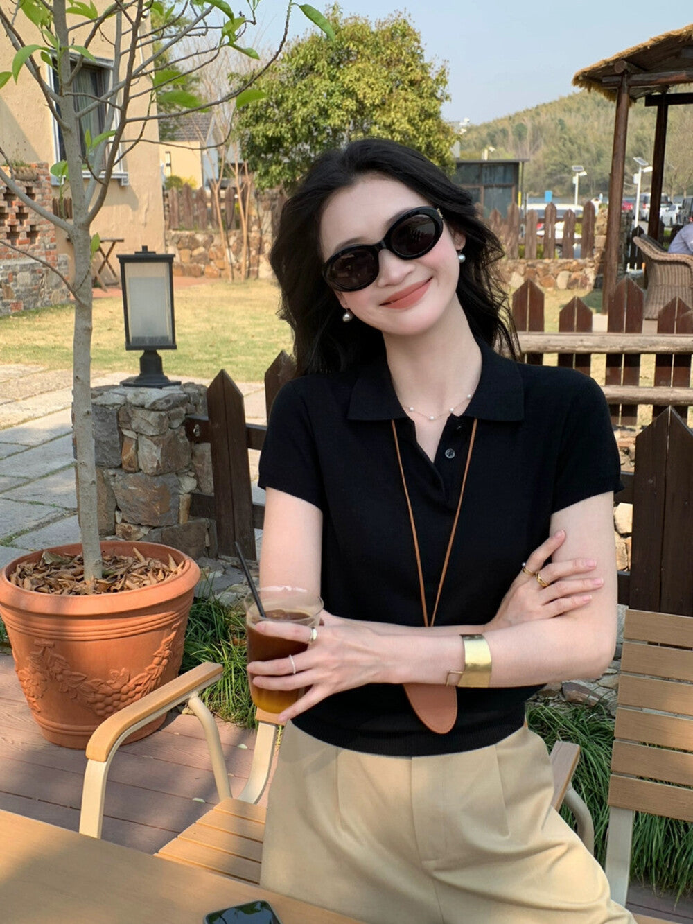 Polo Collar Regular Shoulder Ice Silk Knit Top