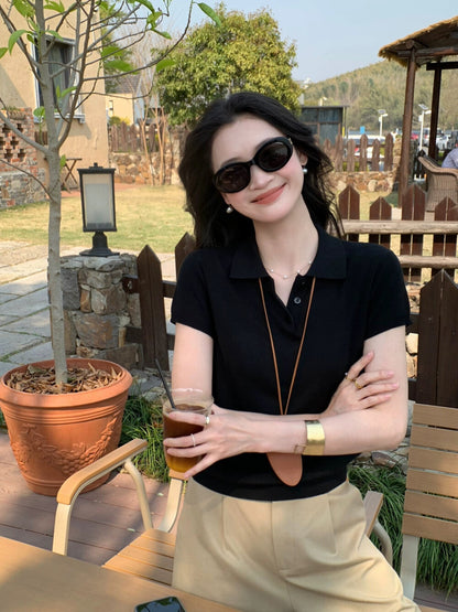 Polo Collar Regular Shoulder Ice Silk Knit Top