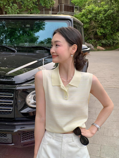 Sleeveless Striped Knit Polo Top