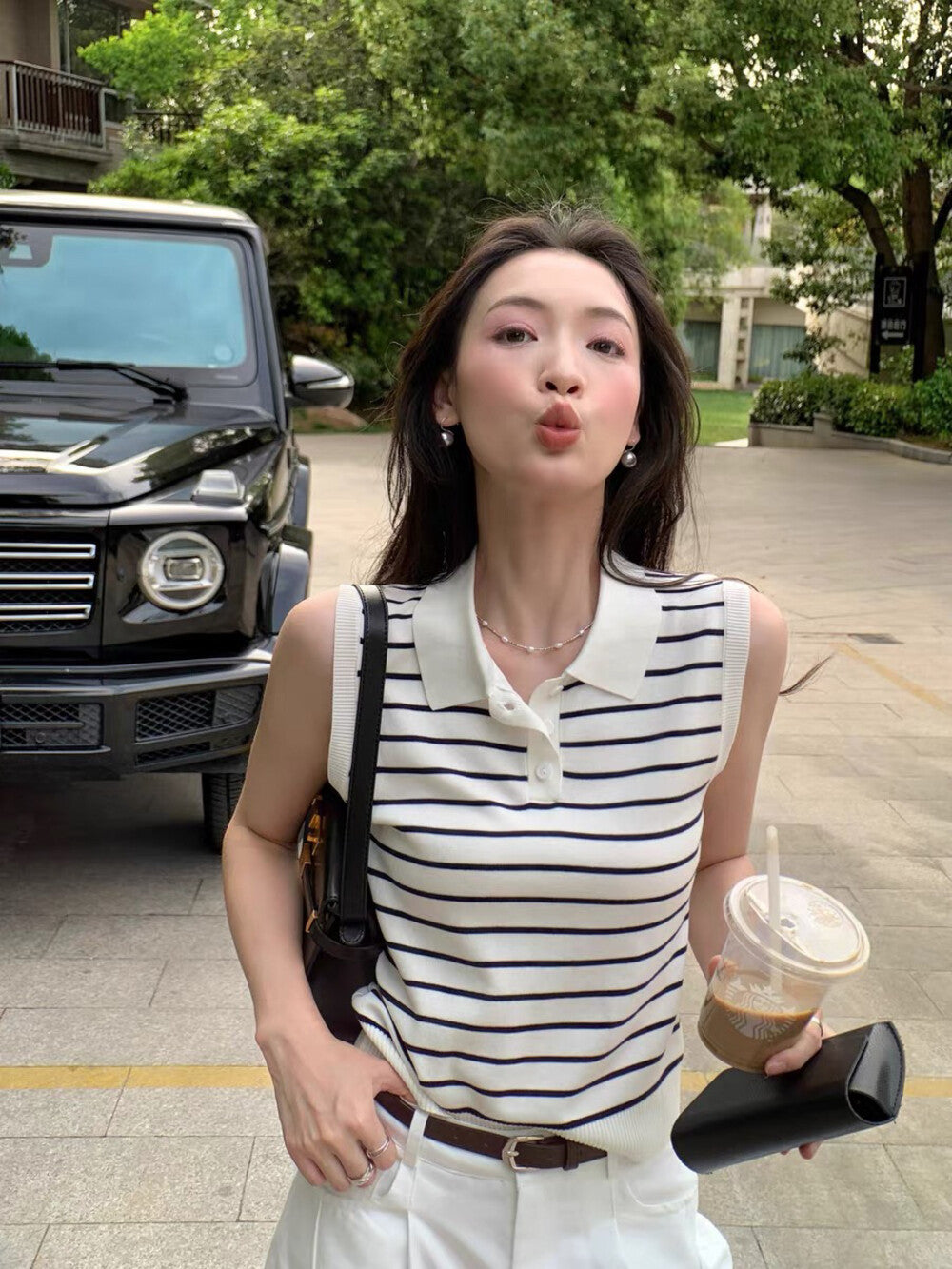 Sleeveless Striped Knit Polo Top