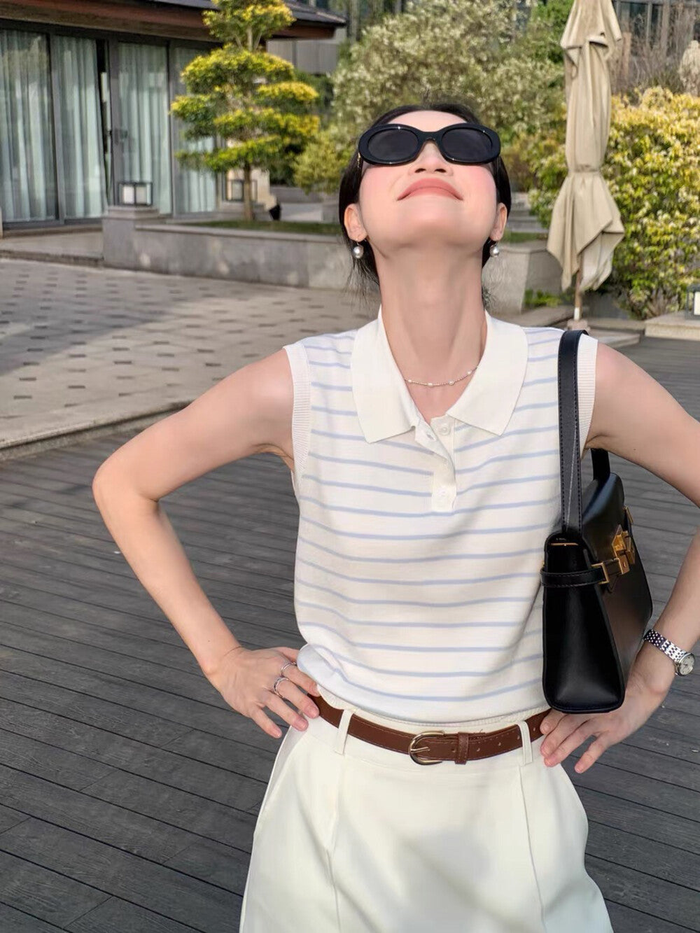 Sleeveless Striped Knit Polo Top