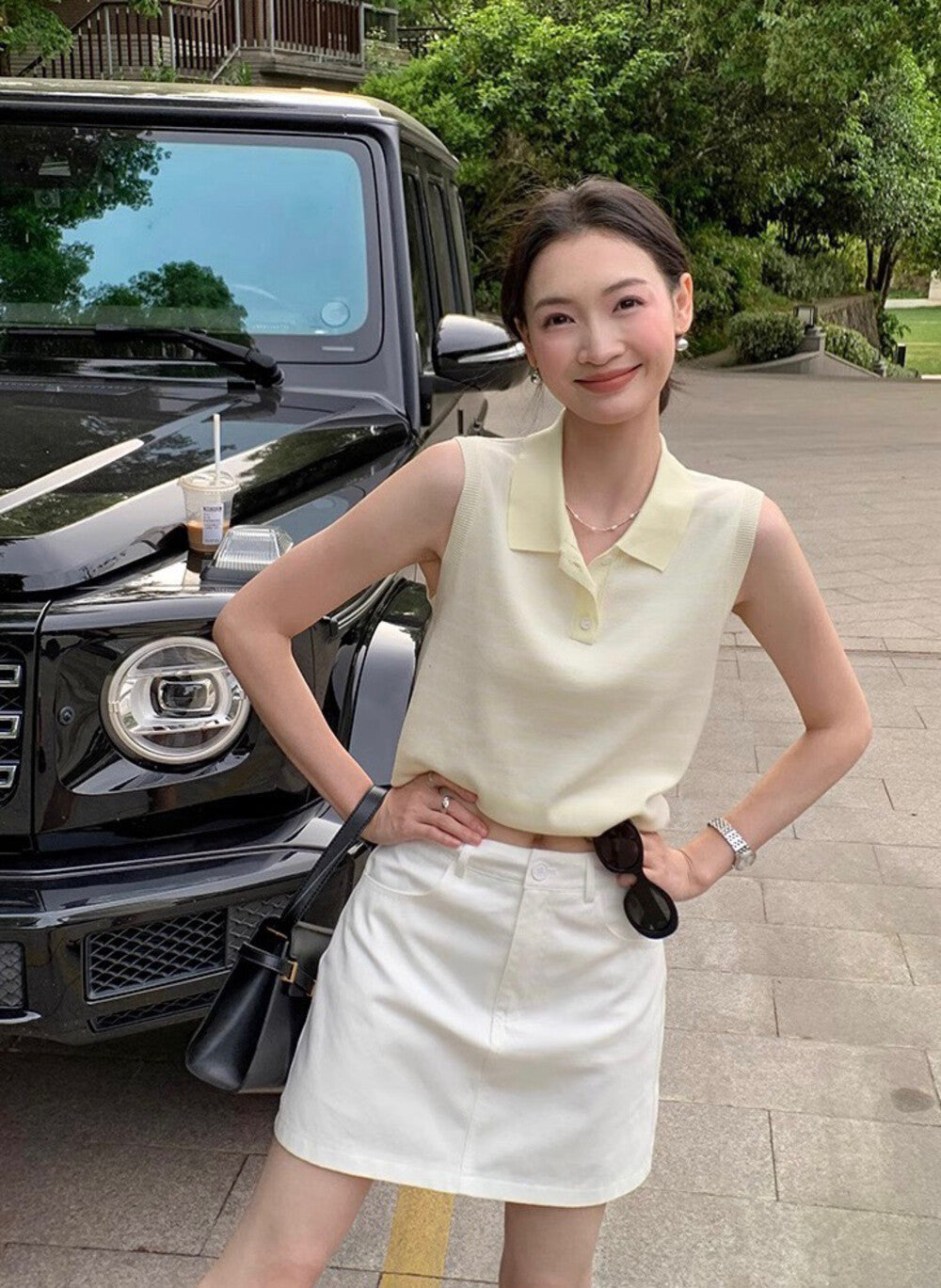 Sleeveless Striped Knit Polo Top