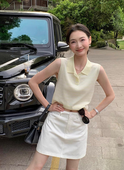 Sleeveless Striped Knit Polo Top