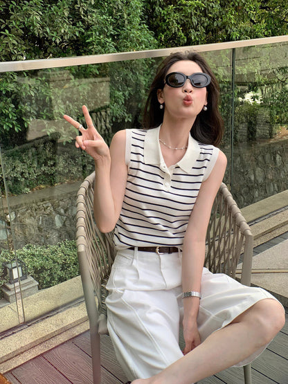 Sleeveless Striped Knit Polo Top