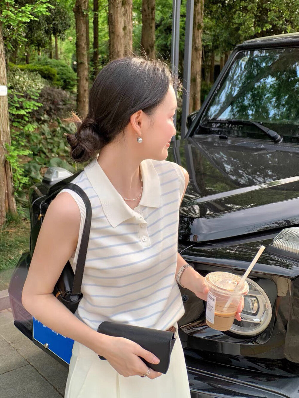 Sleeveless Striped Knit Polo Top