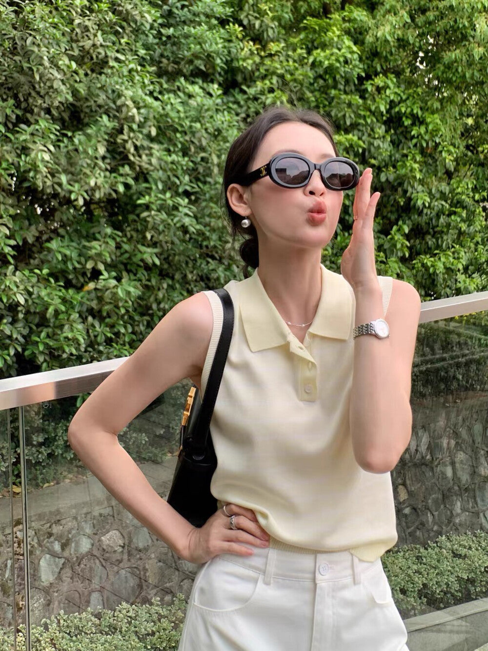 Sleeveless Striped Knit Polo Top