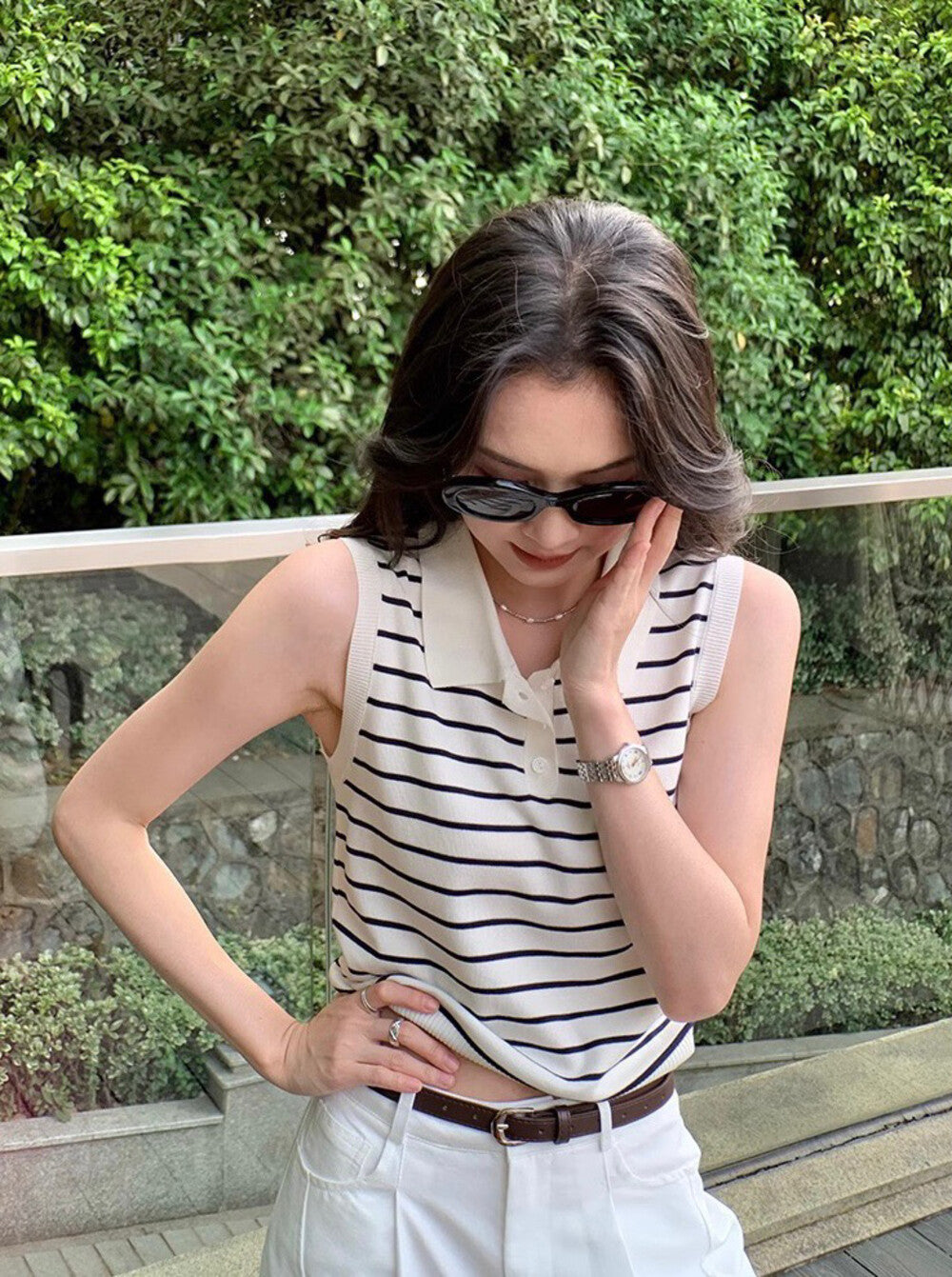 Sleeveless Striped Knit Polo Top