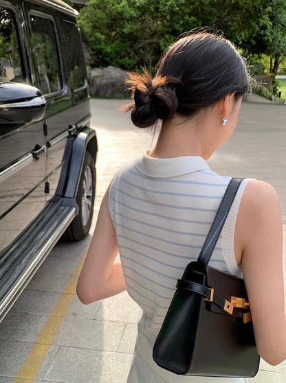 Sleeveless Striped Knit Polo Top