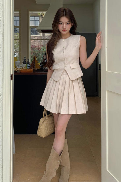 Chanel-style Vest + Pleated Skirt Set