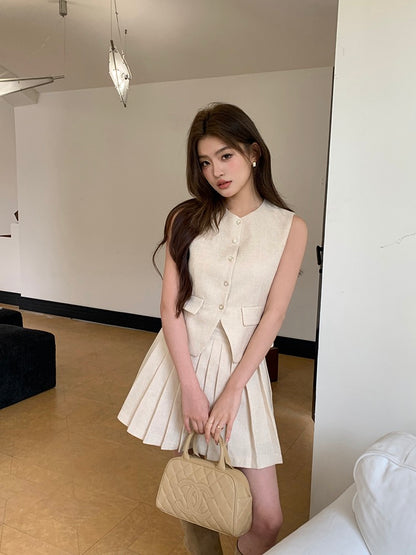 Chanel-style Vest + Pleated Skirt Set