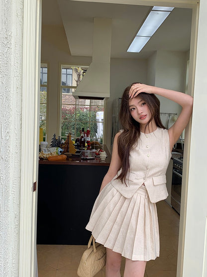 Chanel-style Vest + Pleated Skirt Set