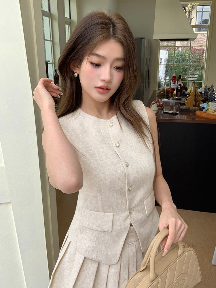 Chanel-style Vest + Pleated Skirt Set