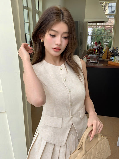 Chanel-style Vest + Pleated Skirt Set