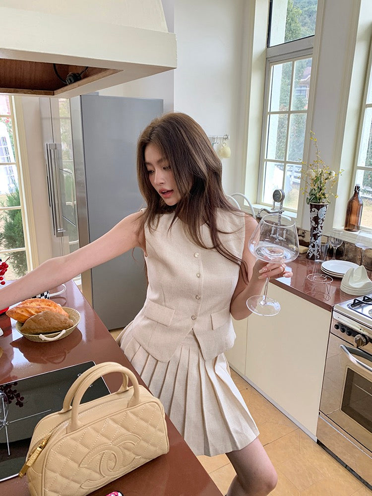 Chanel-style Vest + Pleated Skirt Set