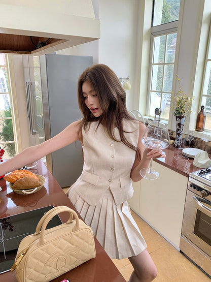 Chanel-style Vest + Pleated Skirt Set