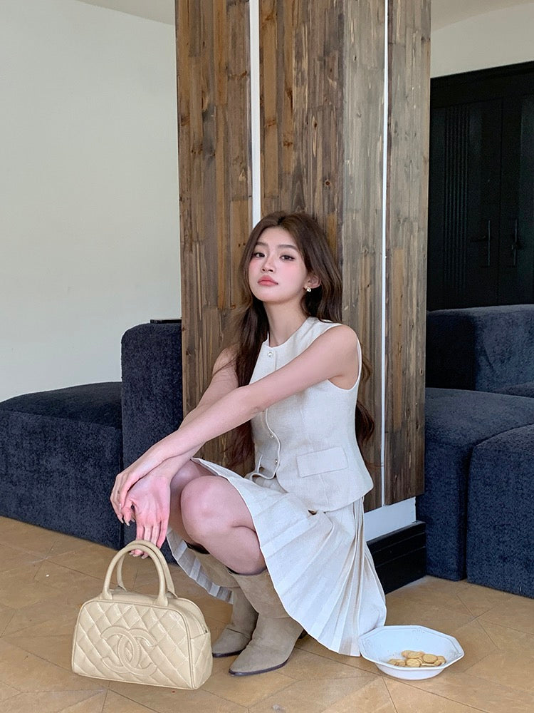 Chanel-style Vest + Pleated Skirt Set