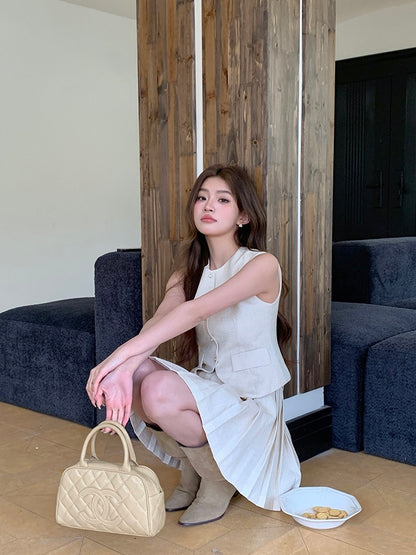 Chanel-style Vest + Pleated Skirt Set