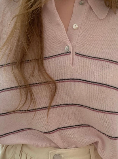 Collared Striped Lightweight Knit Top