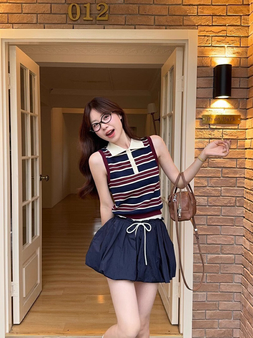 Collared Striped Vest + High-Waisted Slimming Skirt Set
