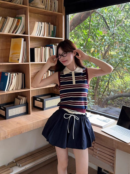Collared Striped Vest + High-Waisted Slimming Skirt Set