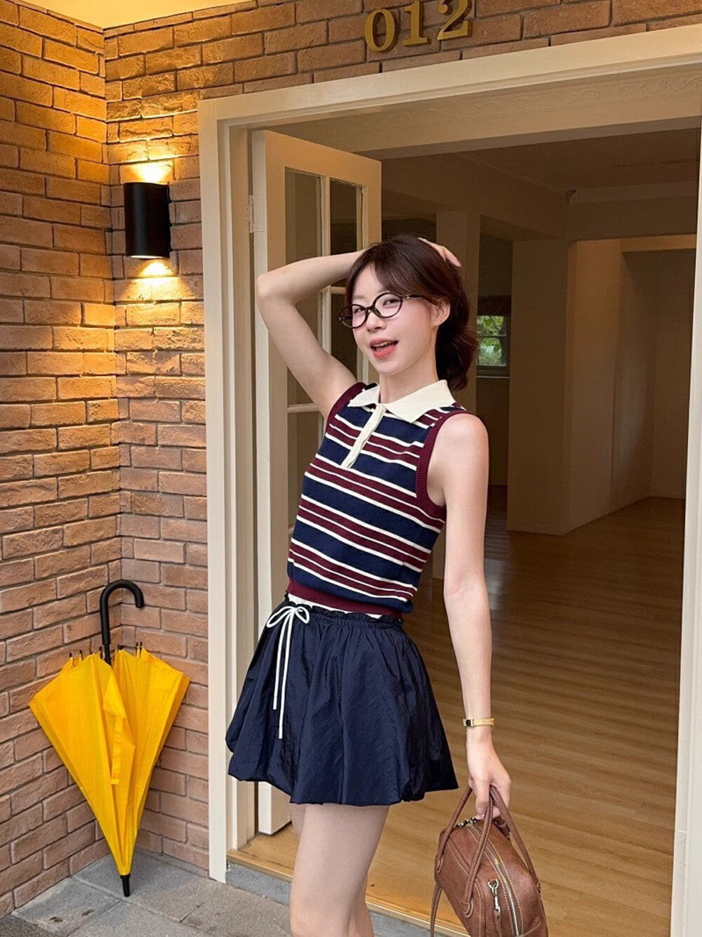 Collared Striped Vest + High-Waisted Slimming Skirt Set