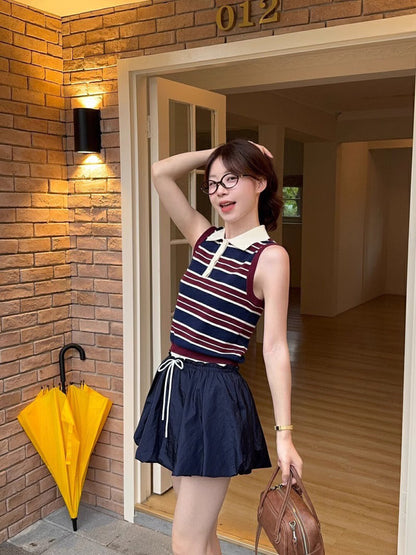 Collared Striped Vest + High-Waisted Slimming Skirt Set