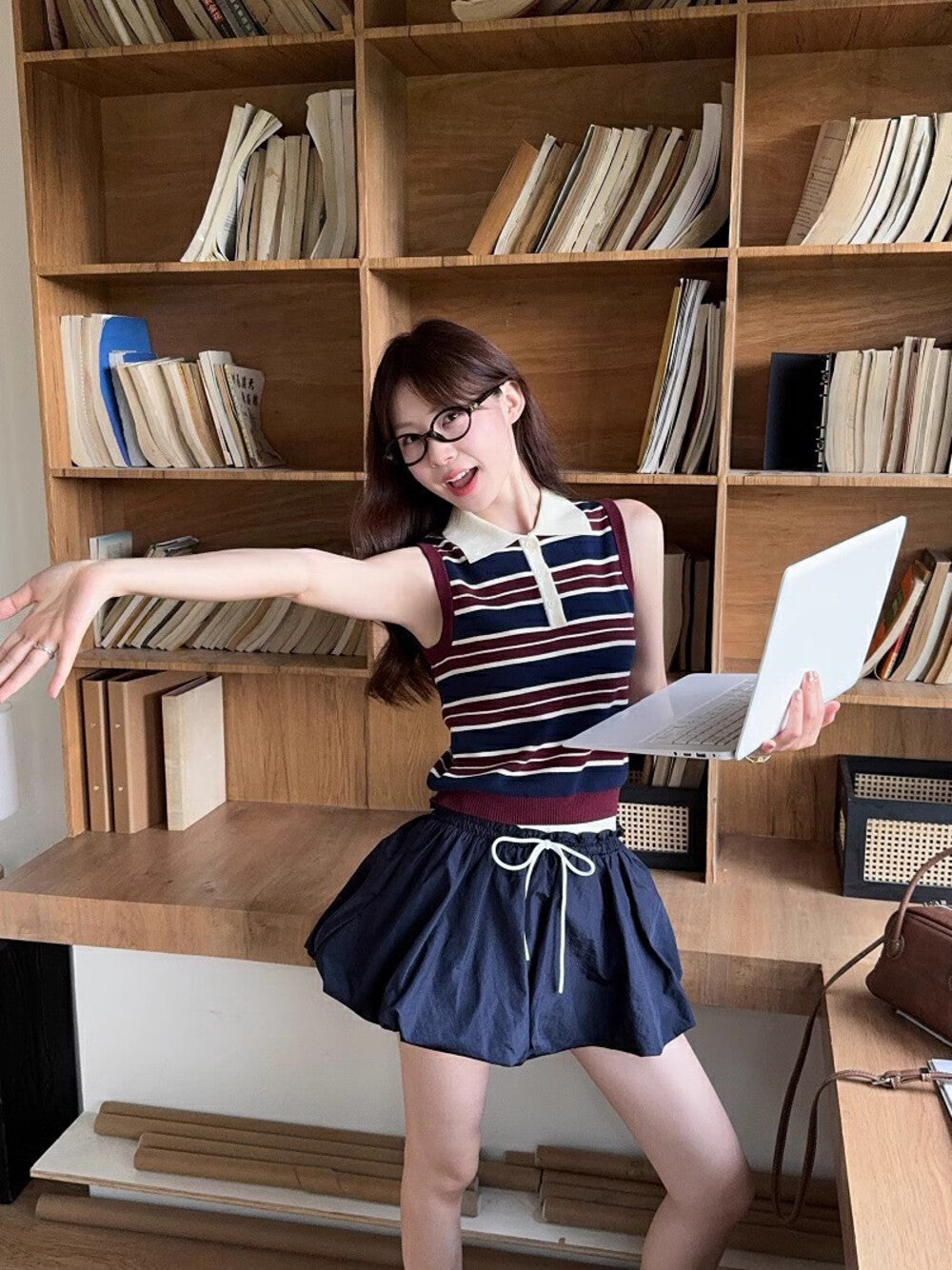 Collared Striped Vest + High-Waisted Slimming Skirt Set