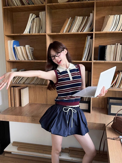 Collared Striped Vest + High-Waisted Slimming Skirt Set