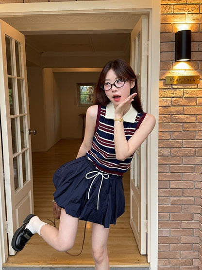 Collared Striped Vest + High-Waisted Slimming Skirt Set