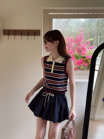 Collared Striped Vest + High-Waisted Slimming Skirt Set