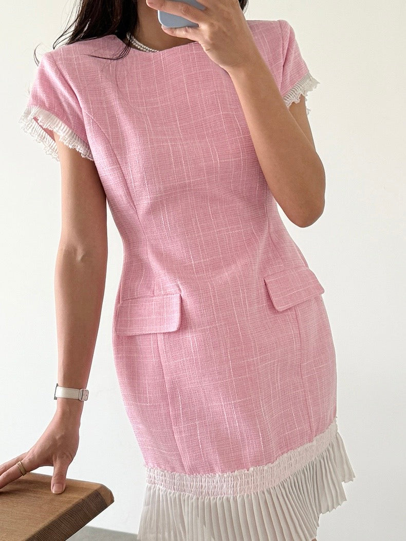 Elegant Patchwork Pleated Waist Dress