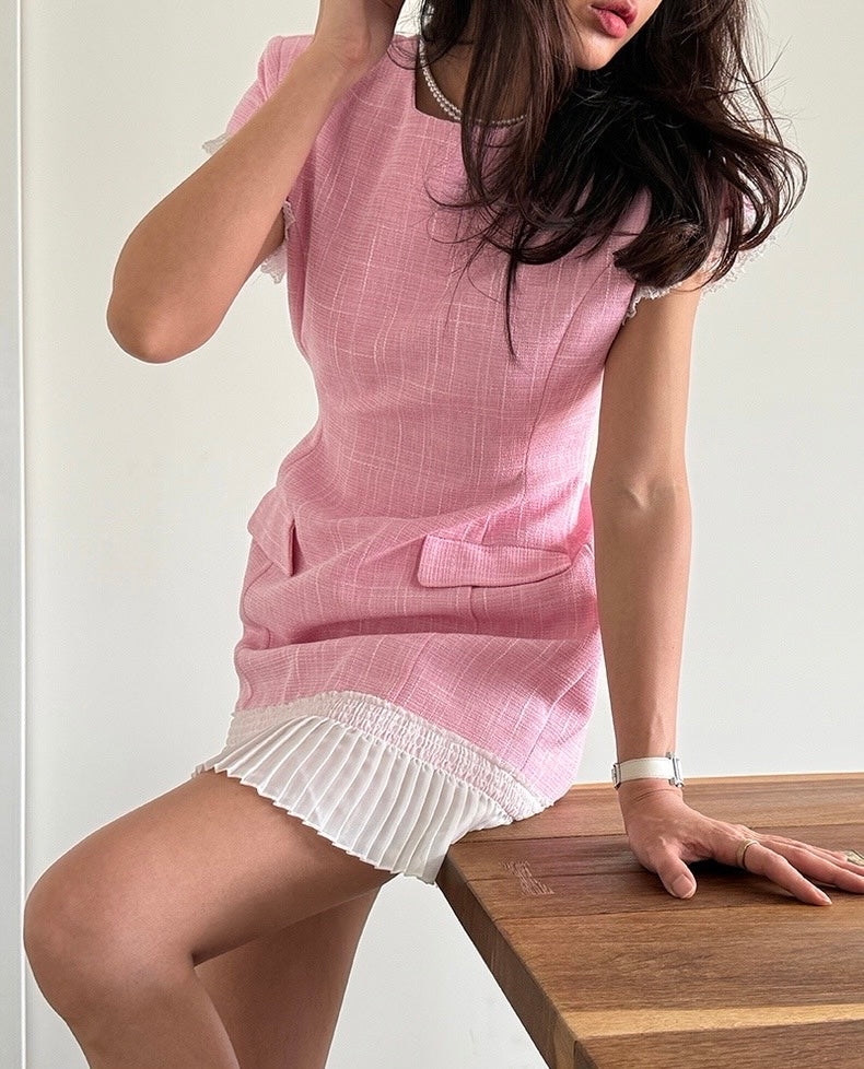 Elegant Patchwork Pleated Waist Dress