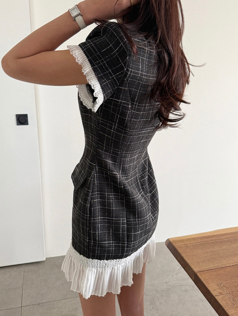 Elegant Patchwork Pleated Waist Dress