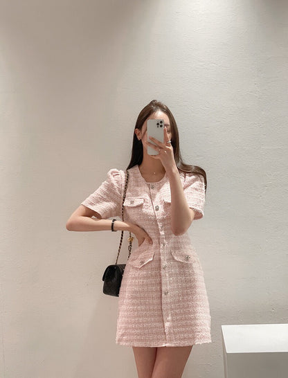 單排扣泡泡袖連身裙