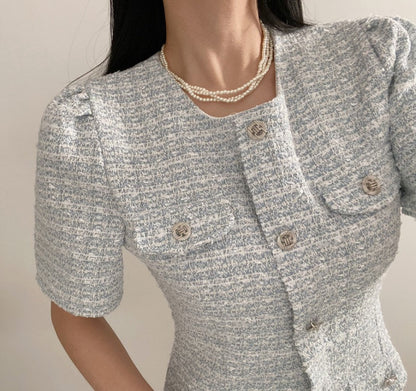 單排扣泡泡袖連身裙