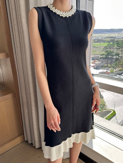 Heavily Embellished Beaded Color-Block Knitted Vest Dress